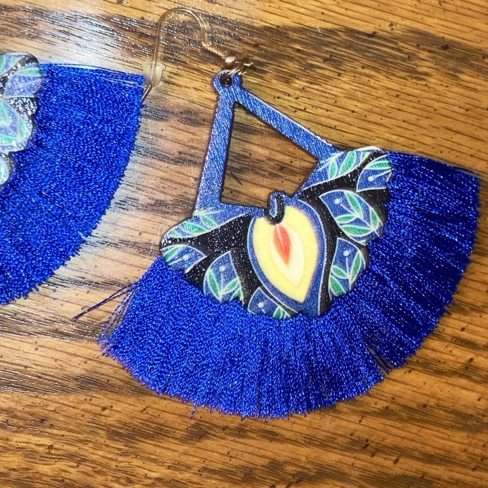 Boho Fringe Earrings Royal Blue New - Picture 2 of 2